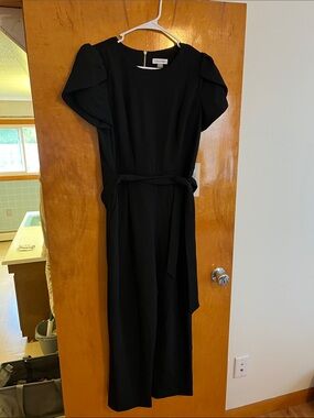 Calvin Klein Black Puff-Sleeve Belted Jumpsuit